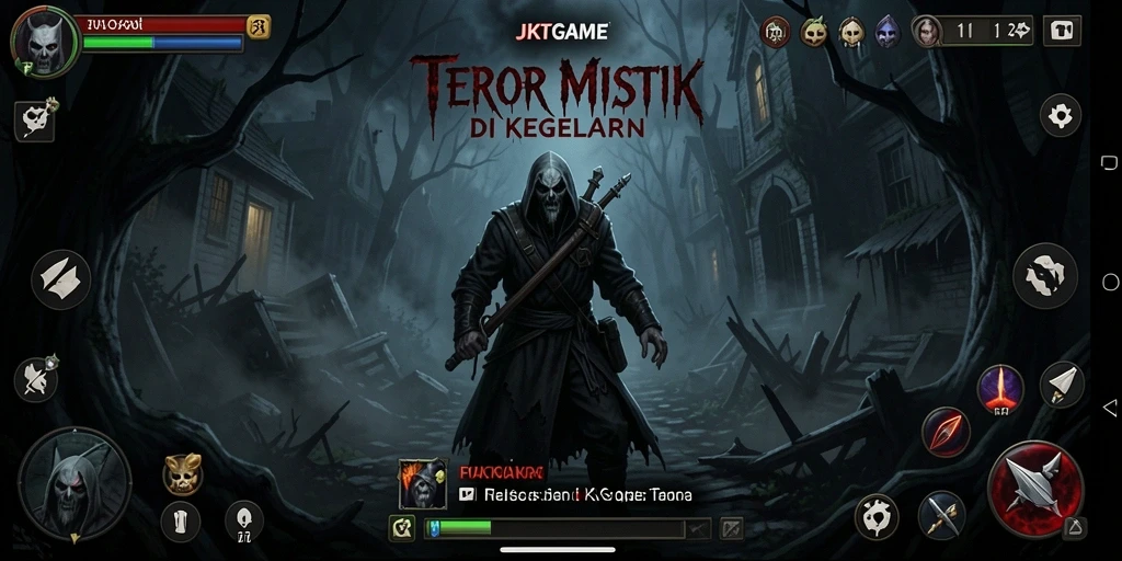 Screenshot gameplay JKTGAME yang menampilkan suasana horor mencekam.