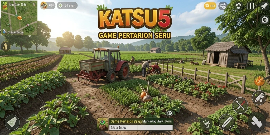 Screenshot gameplay KATSU5 menampilkan pemandangan ladang hijau yang indah.