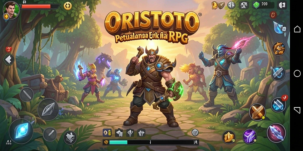 Screenshot utama ORISTOTO menampilkan pertarungan epik di dunia fantasi.