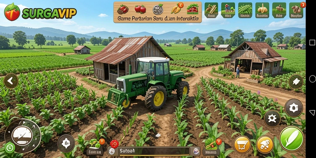 Tangkapan layar gameplay SURGAVIP dengan kebun yang subur dan interaksi sosial.