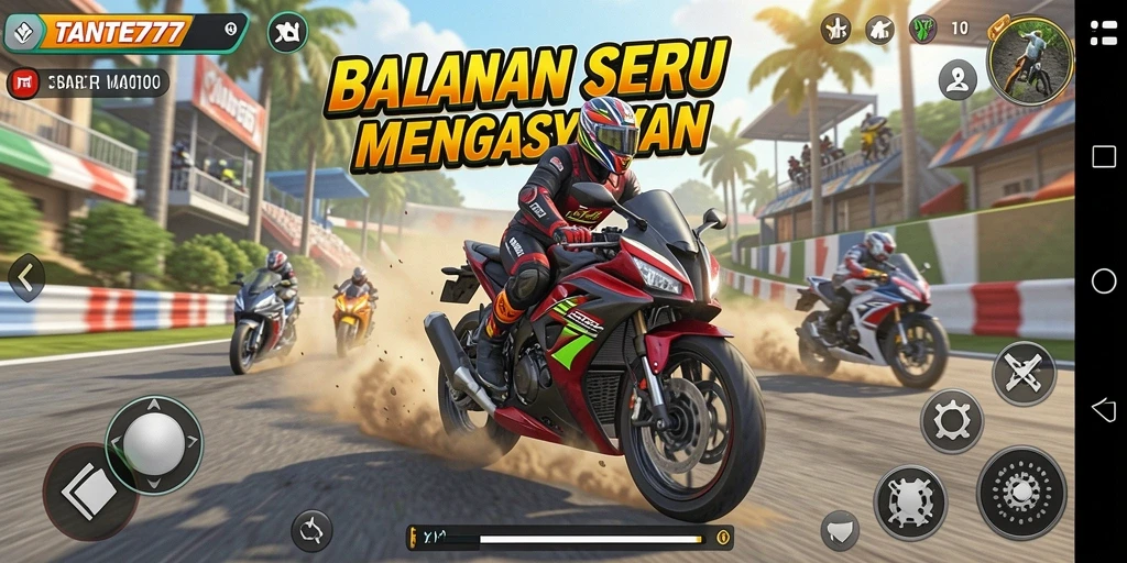 Screenshot dari gameplay TANTE777 menampilkan balapan motor yang mendebarkan.