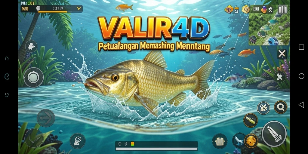 Tampilan gameplay VALIR4D dengan aksi memancing yang seru.